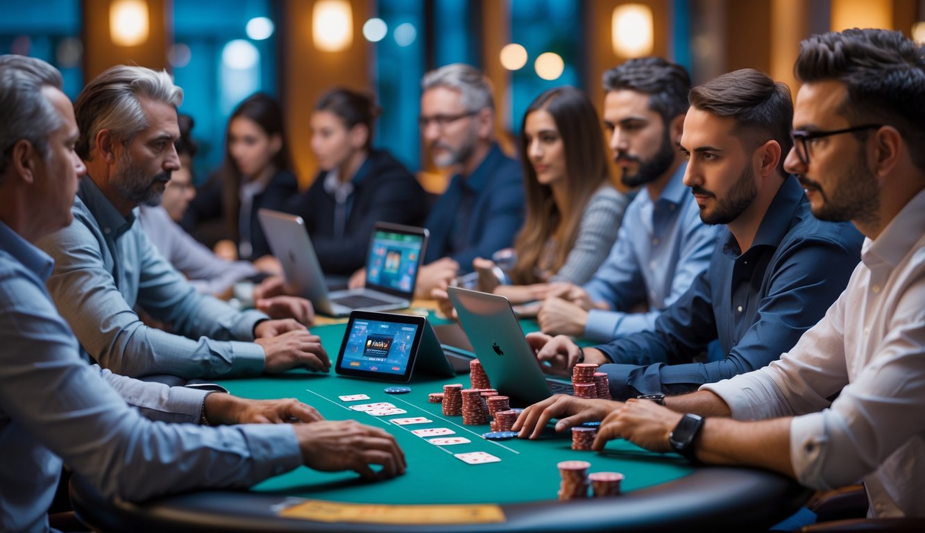 Sekelompok orang dewasa bermain poker online bersama di sekitar meja dengan perangkat digital di ruangan yang terang.