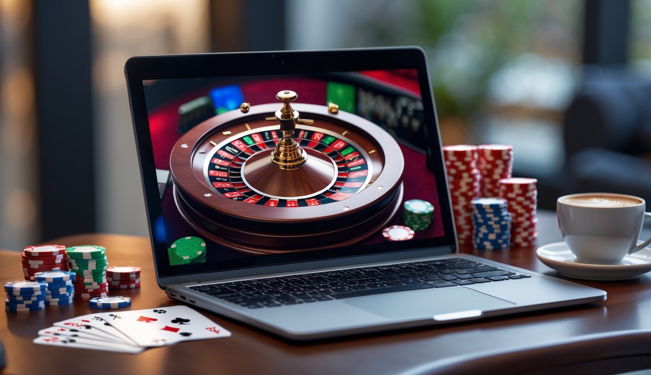 Sebuah layar komputer menampilkan permainan roulette online dengan roda roulette digital dan chip kasino di sekitar meja kayu.