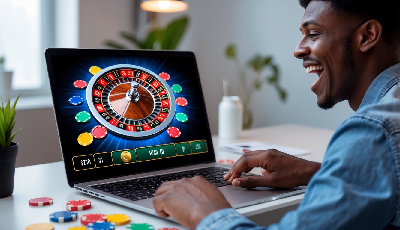 Seseorang muda duduk di depan laptop yang menampilkan permainan roulette online dengan roda roulette berwarna-warni yang sedang berputar.