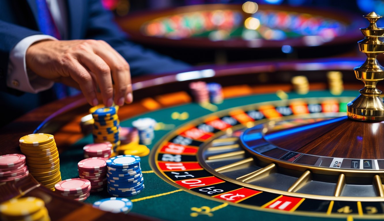 Meja roulette dengan roda berputar, bola terlihat, dan tangan pemain sedang memasang taruhan dengan tumpukan chip di sekitarnya.
