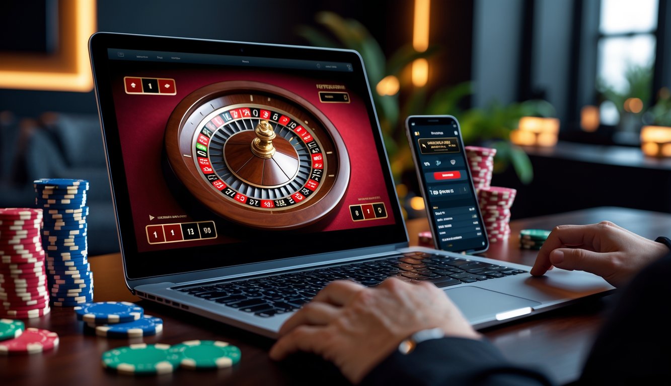 Sebuah meja dengan komputer menampilkan roda roulette digital yang berputar, dikelilingi oleh tumpukan chip poker dan ponsel di lingkungan rumah yang nyaman.