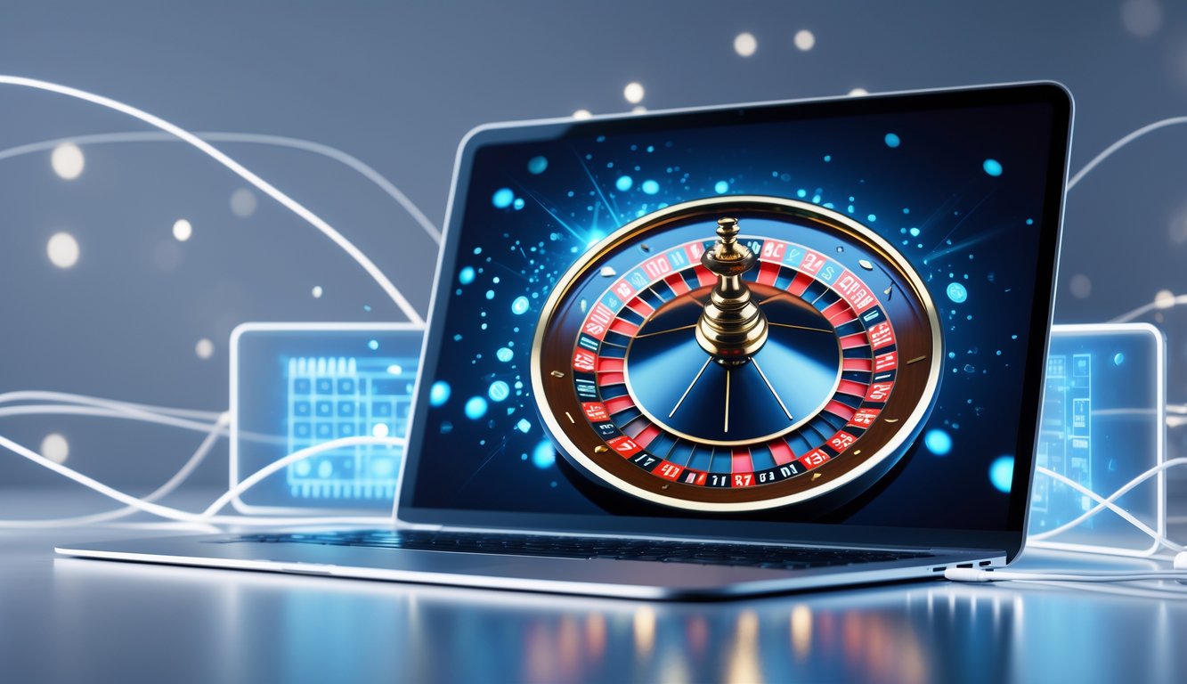 Layar komputer atau ponsel yang menampilkan roda roulette digital yang sedang berputar dengan latar belakang yang bersih dan modern.