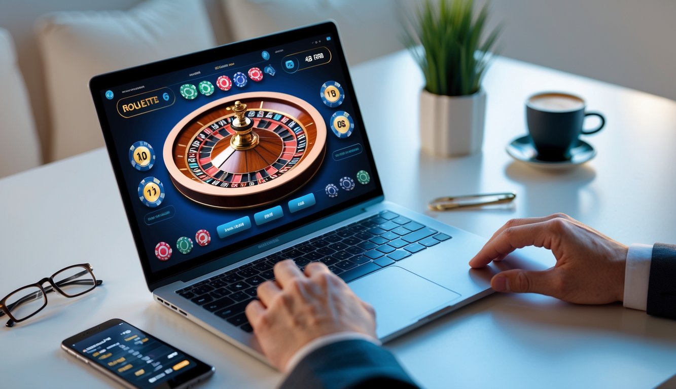 Sebuah laptop menampilkan permainan roulette online dengan roda roulette berputar di layar di atas meja kerja yang rapi.