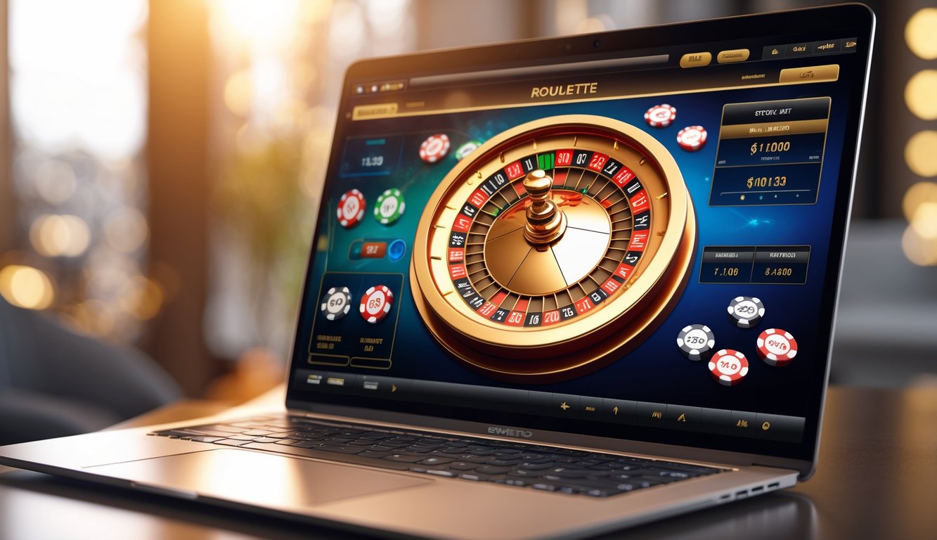 Sebuah komputer menampilkan roda roulette online yang berputar dengan chip digital di sekitarnya.