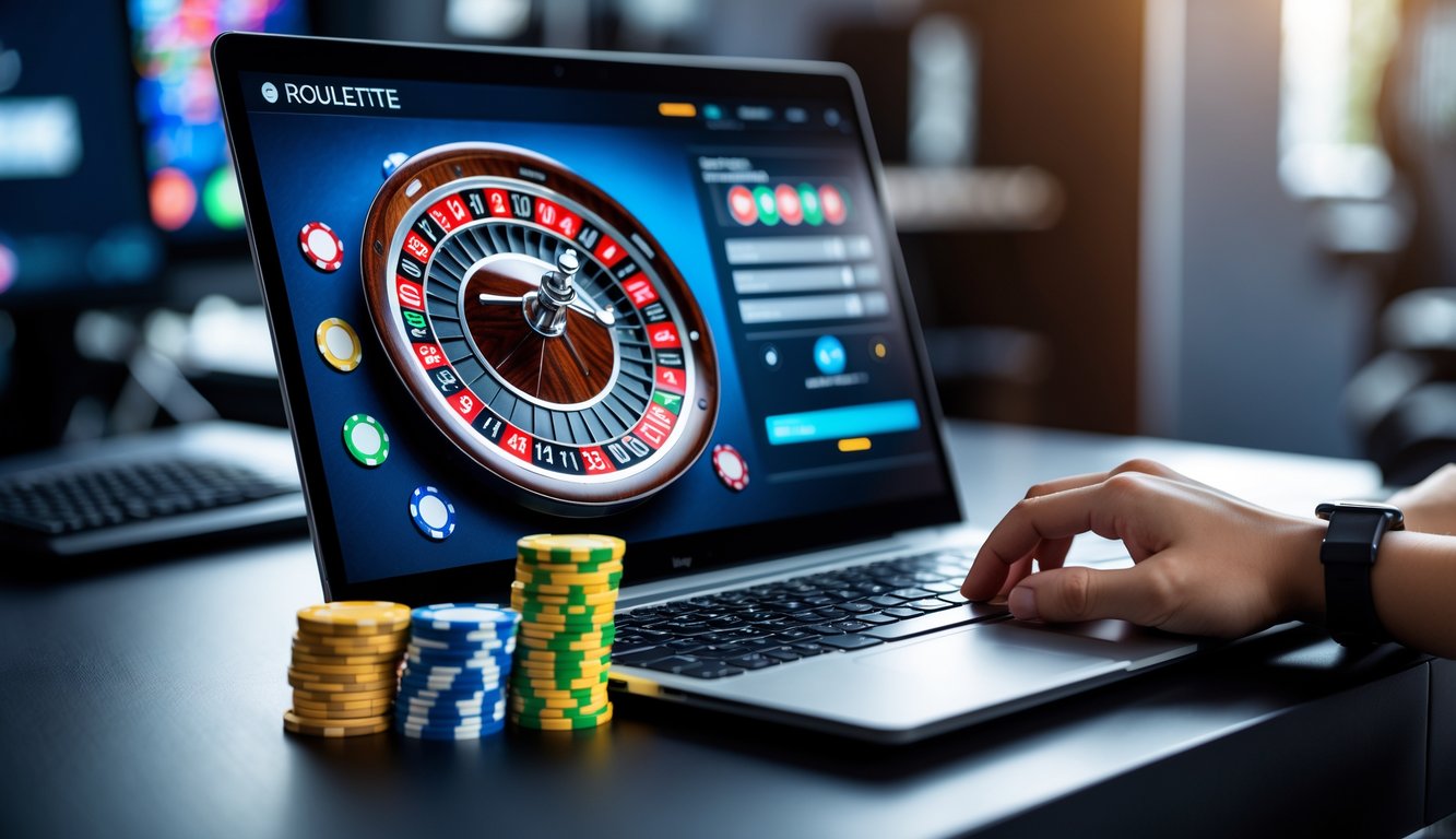 Sebuah laptop menampilkan roda roulette online dengan tumpukan chip di sampingnya di atas meja kerja yang rapi.
