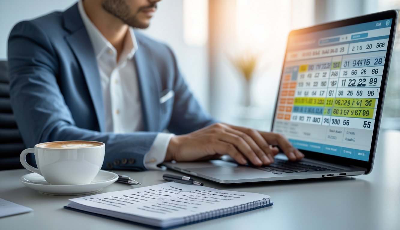 Seseorang sedang menganalisis prediksi togel 4D di depan laptop di meja kantor dengan kopi dan catatan.