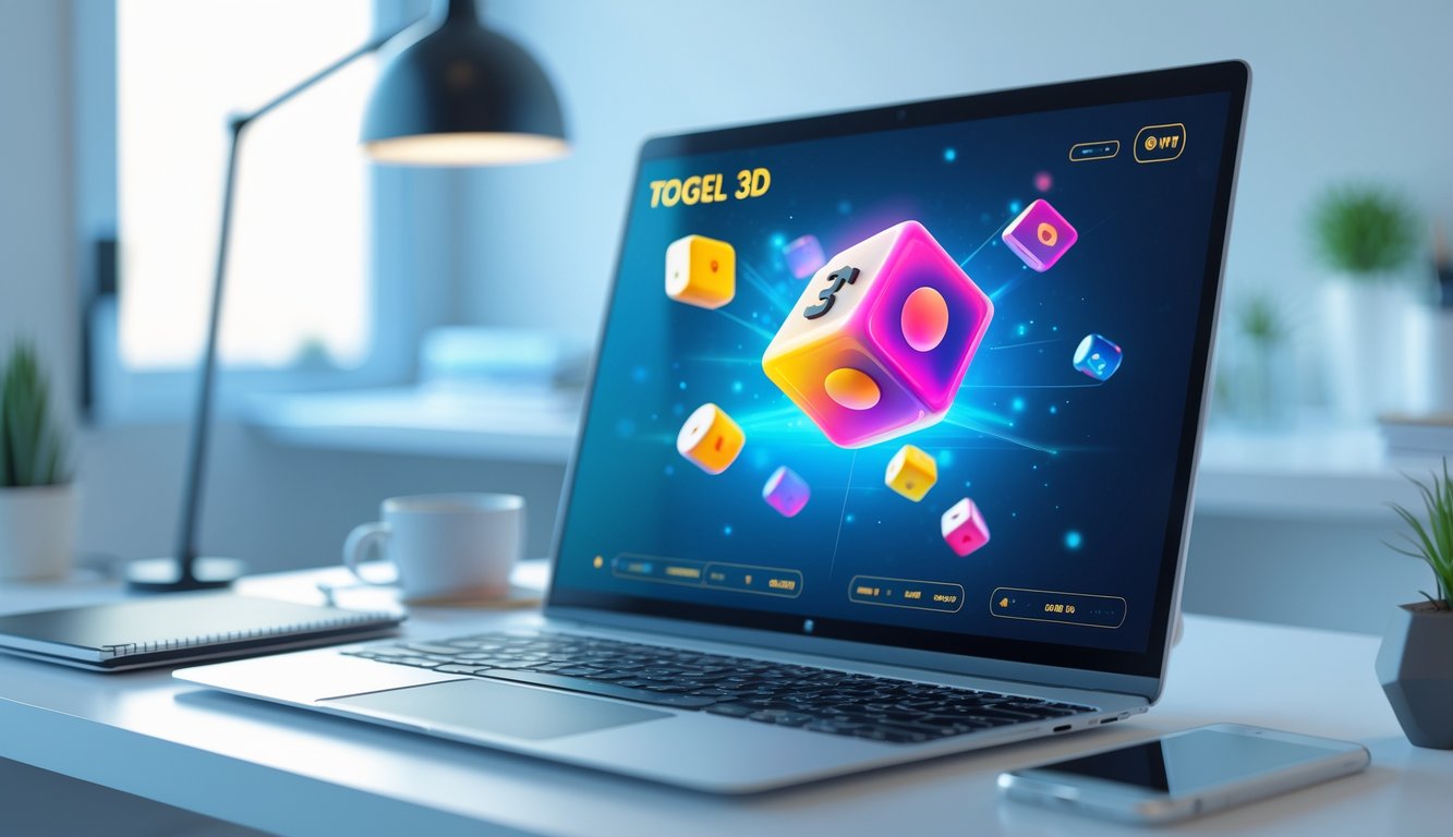 Sebuah meja kerja dengan komputer menampilkan antarmuka lotere 3D online dan kubus berwarna-warni mengambang di atas keyboard.