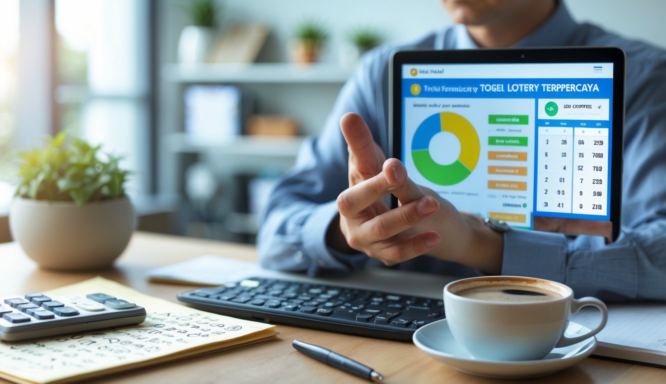 Seseorang sedang menganalisis angka lotere di meja kerja dengan tablet dan alat tulis di sekitarnya.