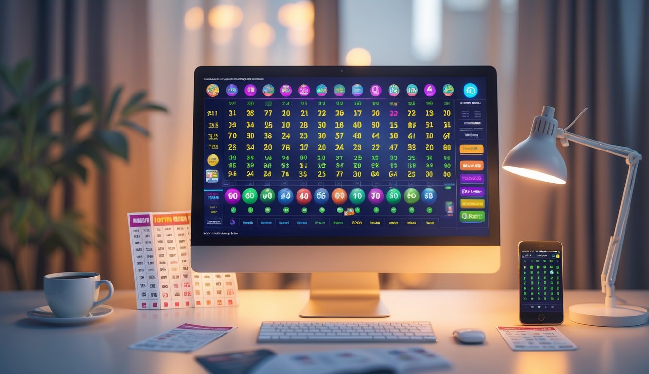 Meja kerja modern dengan komputer menampilkan angka lotere 4D dan tiket lotere di sekitarnya.