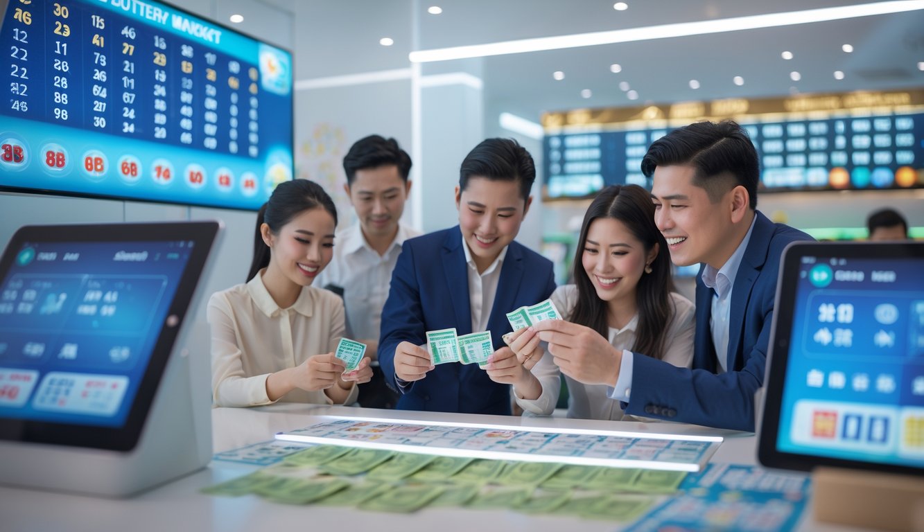 Orang-orang sedang memeriksa tiket lotere di ruang modern dengan papan digital menampilkan angka-angka undian 4D.