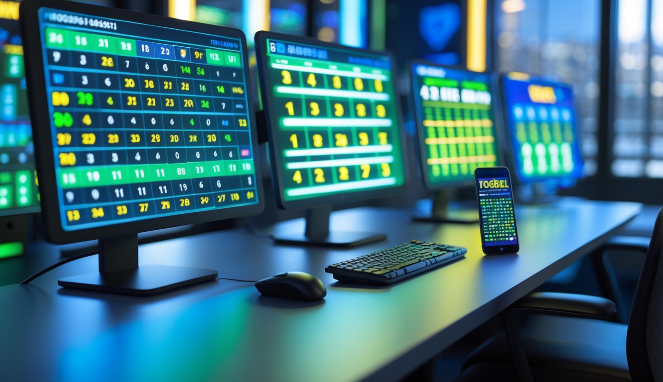 Meja kerja dengan beberapa layar digital menampilkan angka togel 3D dan 2D yang berwarna-warni.