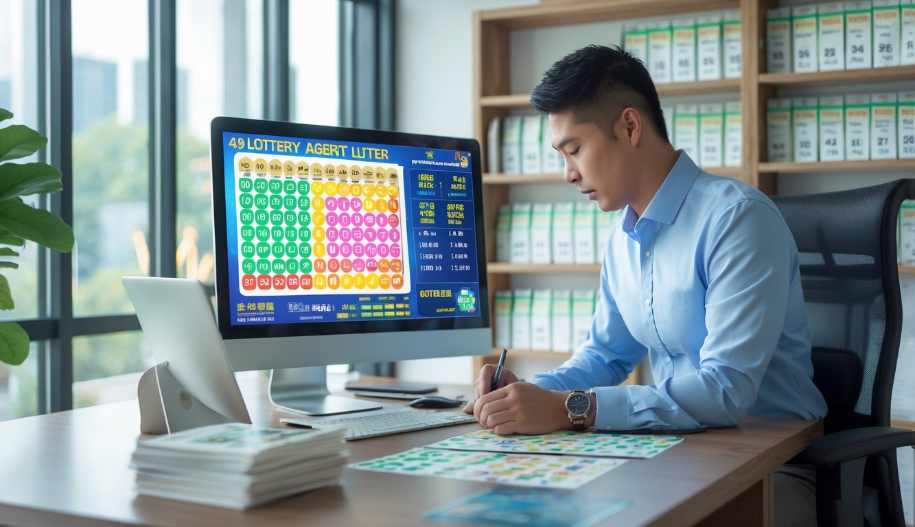 Suasana kantor agen togel 4D resmi dengan meja kerja, komputer menampilkan angka togel, dan seorang pegawai sedang bekerja.