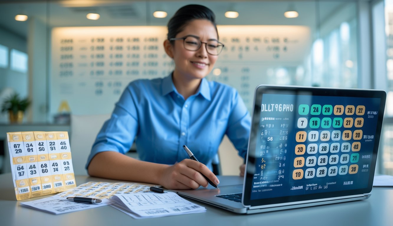 Seorang pria duduk di meja kantor dengan laptop, tiket lotere, dan catatan, terlihat fokus menganalisis angka lotere 4D.