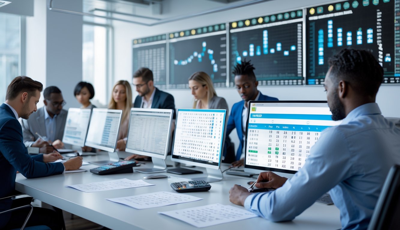 Orang-orang sedang bekerja di kantor dengan komputer dan kertas yang menampilkan angka-angka, fokus pada prediksi angka togel.