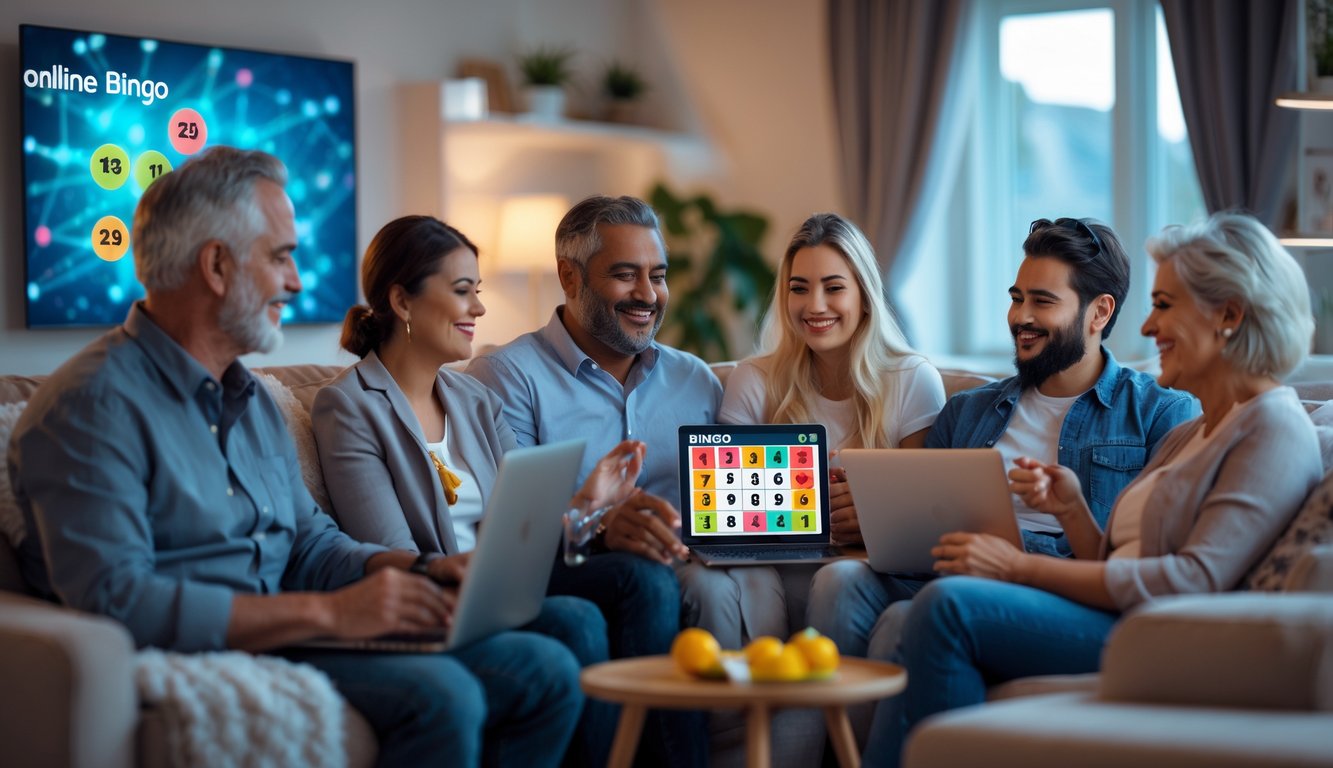 Beberapa orang bermain bingo online bersama di ruang tamu yang nyaman dengan perangkat digital.