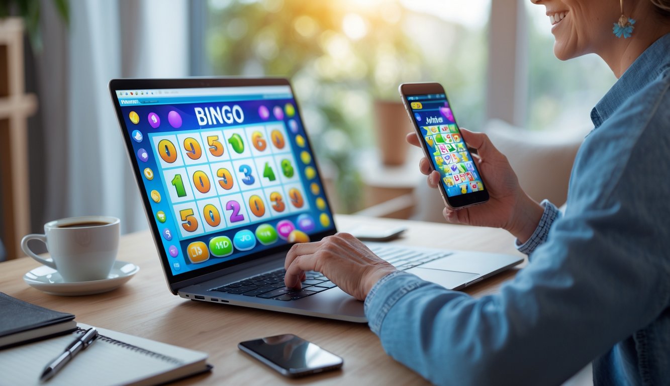Orang dewasa sedang bermain bingo online menggunakan laptop di meja kerja dengan suasana rumah yang nyaman.