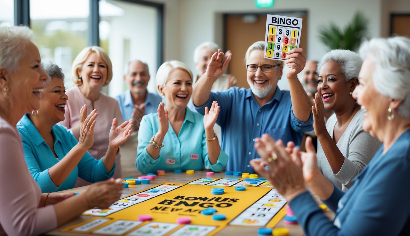 Sekelompok orang dewasa yang bahagia sedang bermain bingo bersama di sebuah ruangan terang dengan suasana ramah dan menyenangkan.