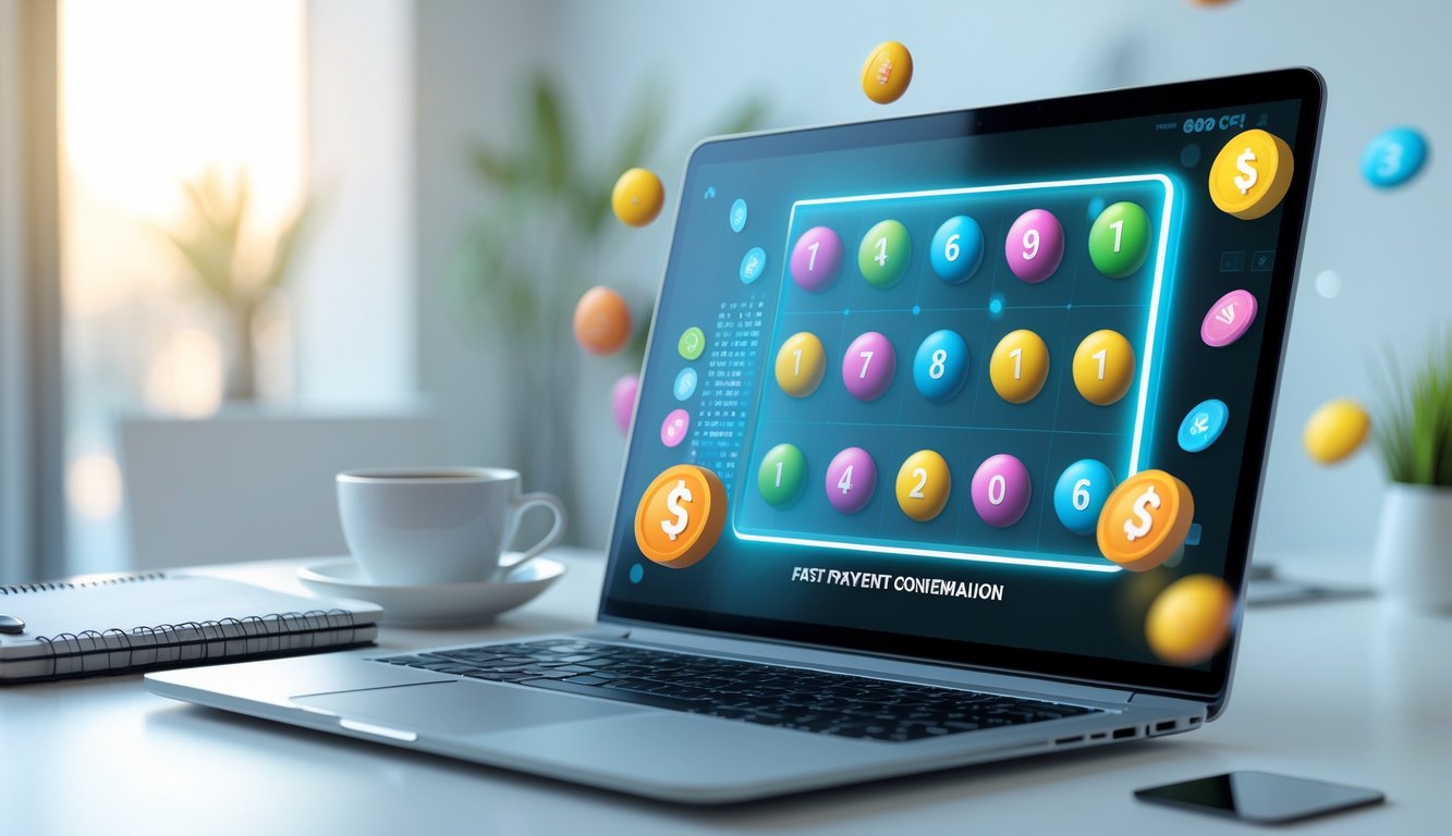 Seorang pengguna melihat layar laptop yang menampilkan permainan bingo online dengan ikon pembayaran cepat di meja kerja yang rapi.