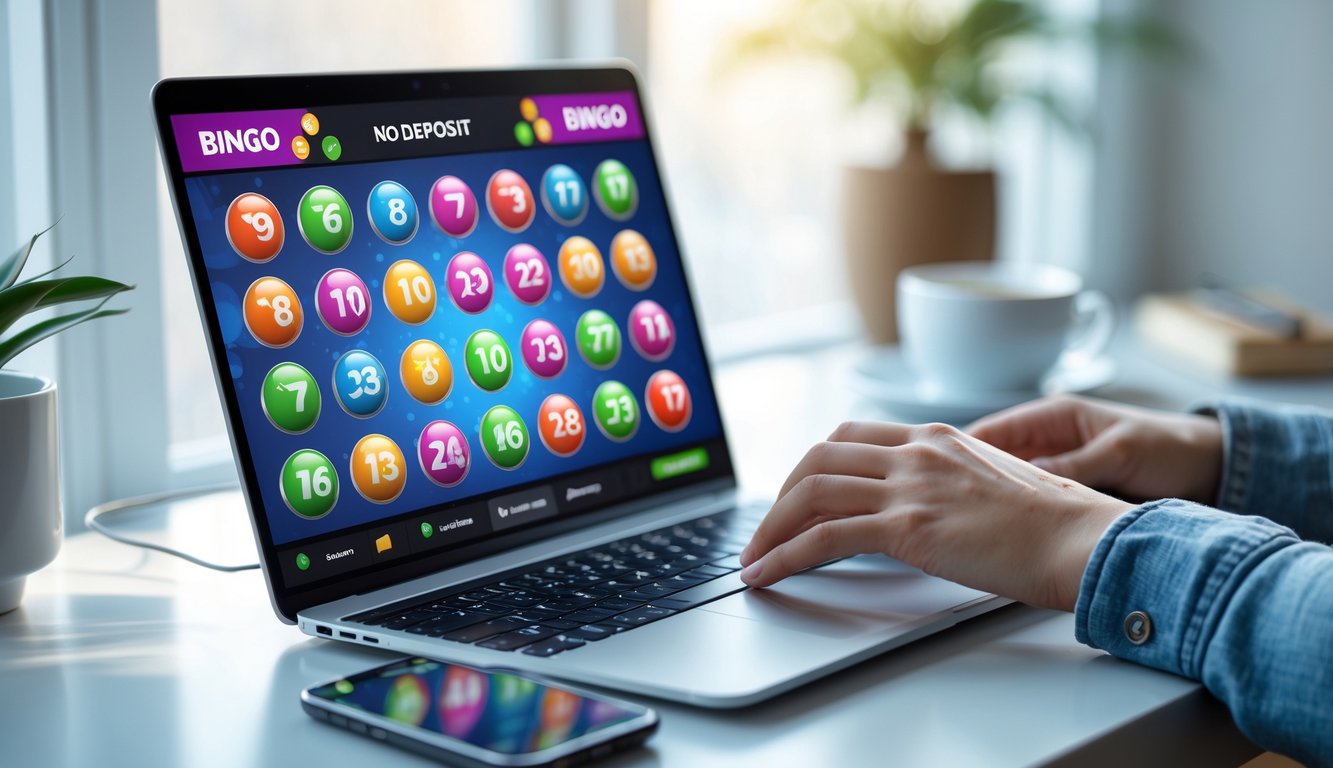Seseorang menggunakan laptop dengan permainan bingo online terlihat di layar di meja yang rapi di rumah.