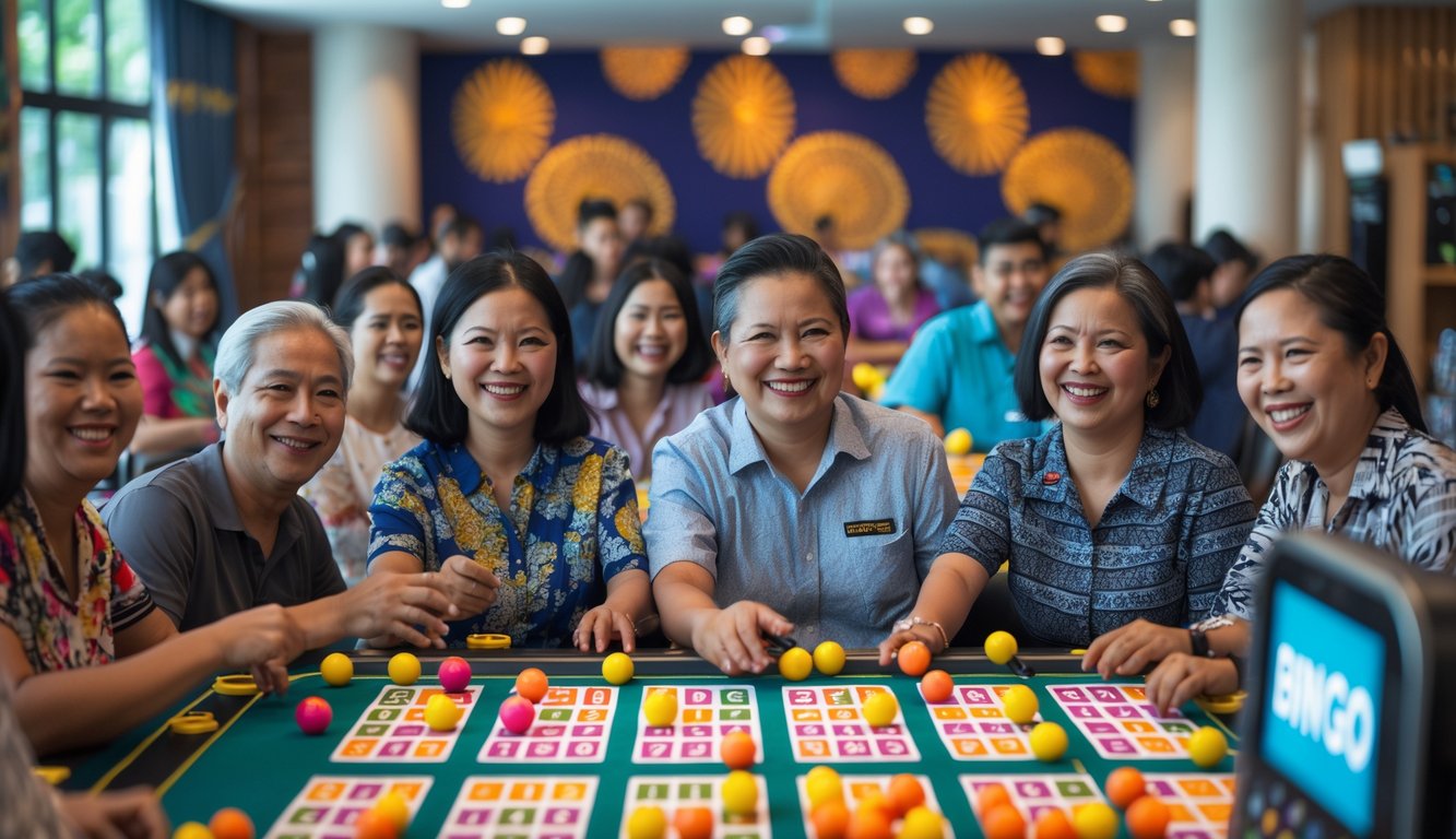 Orang-orang bermain bingo di ruang yang terang dan ramai dengan suasana ceria dan ramah.
