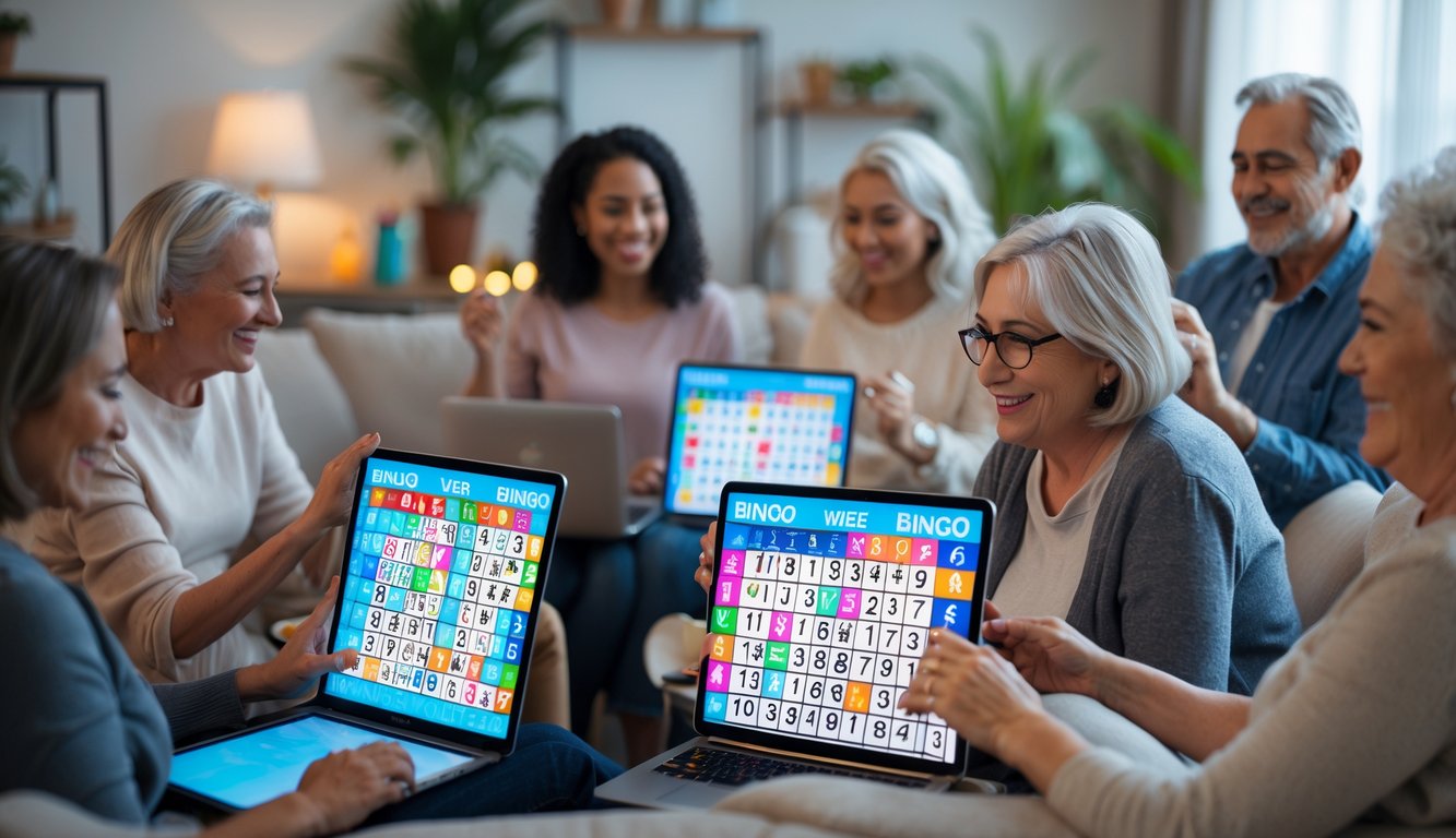 Sekelompok orang bermain bingo online menggunakan laptop dan tablet di ruang tamu yang nyaman.