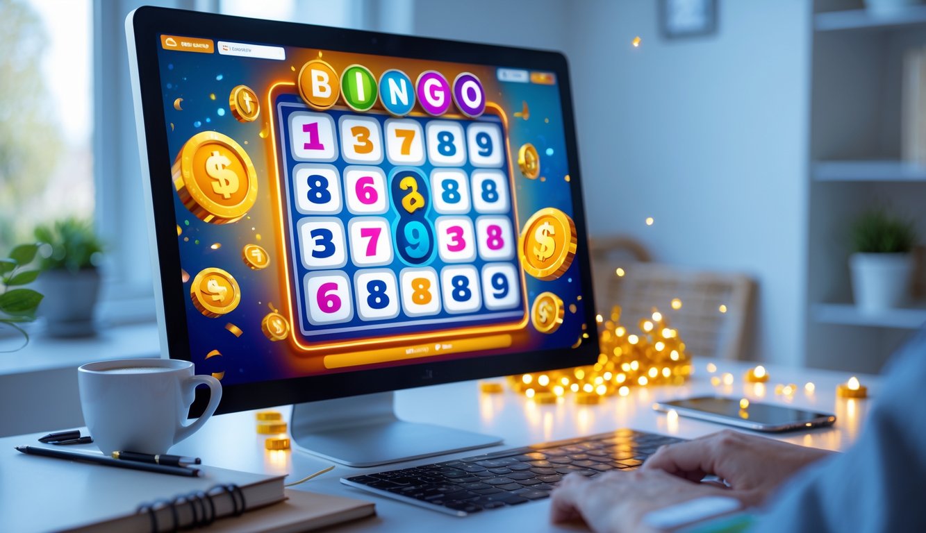 Seseorang sedang bermain bingo online di komputer dengan koin emas dan dekorasi perayaan di sekitar meja kerja.