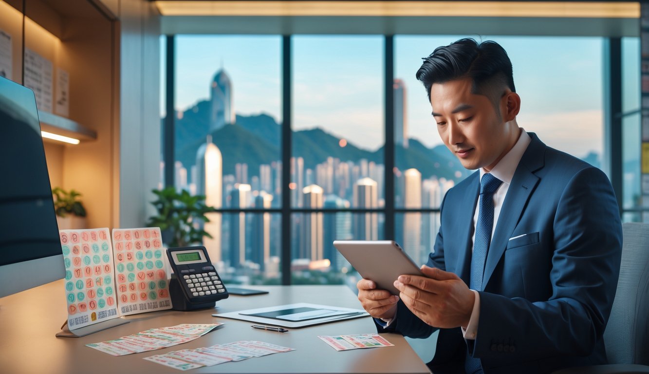 Seorang pria Asia mengenakan pakaian formal sedang memeriksa tiket lotere di kantor modern dengan pemandangan kota Hong Kong di latar belakang.