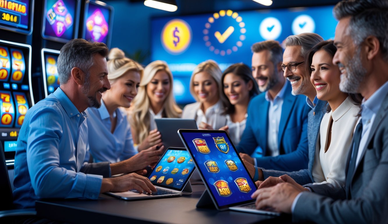 Sekelompok orang sedang menggunakan perangkat digital untuk bermain permainan slot online dalam suasana yang modern dan menyenangkan.