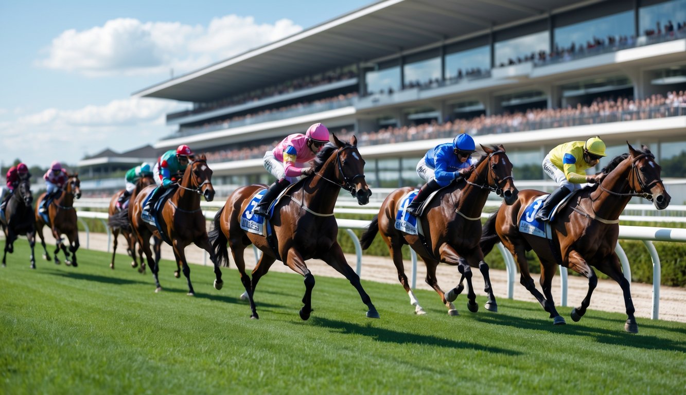 Beberapa orang sedang memasang taruhan di arena balap kuda dengan kuda-kuda yang berlari cepat di lintasan balap.