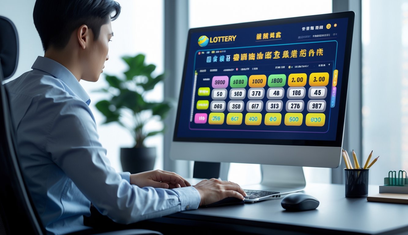 Orang sedang menggunakan komputer di kantor modern dengan antarmuka lotere digital di layar.