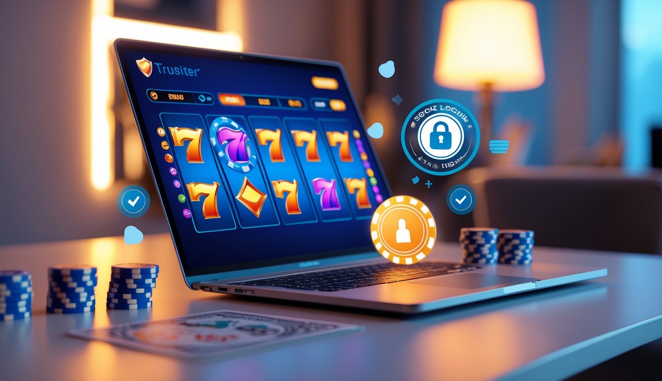 Seorang pria menggunakan laptop dengan tampilan permainan slot online di layar, di meja yang rapi dengan beberapa chip poker dan kartu bermain di sampingnya.