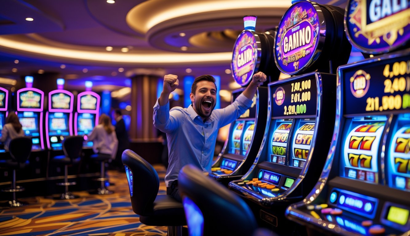 Seorang pemain yang bersemangat merayakan kemenangan jackpot besar di mesin slot di dalam kasino yang mewah.