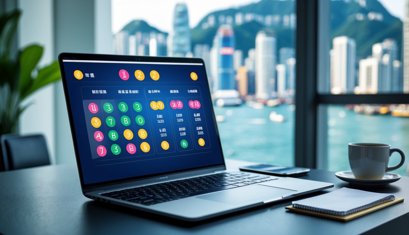 Seorang pria menggunakan laptop di meja kerja dengan pemandangan kota Hong Kong di latar belakang.