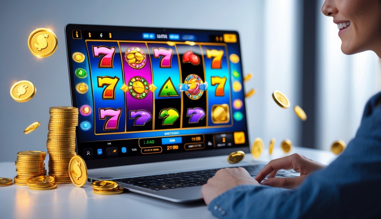 Seorang pemain tersenyum sambil bermain permainan slot online di depan komputer dengan layar menampilkan gulungan slot berwarna-warni.
