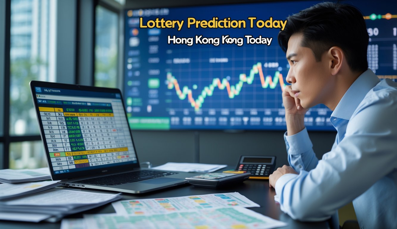 Seorang profesional sedang menganalisis data togel dengan laptop dan dokumen di meja kerja di kantor modern.