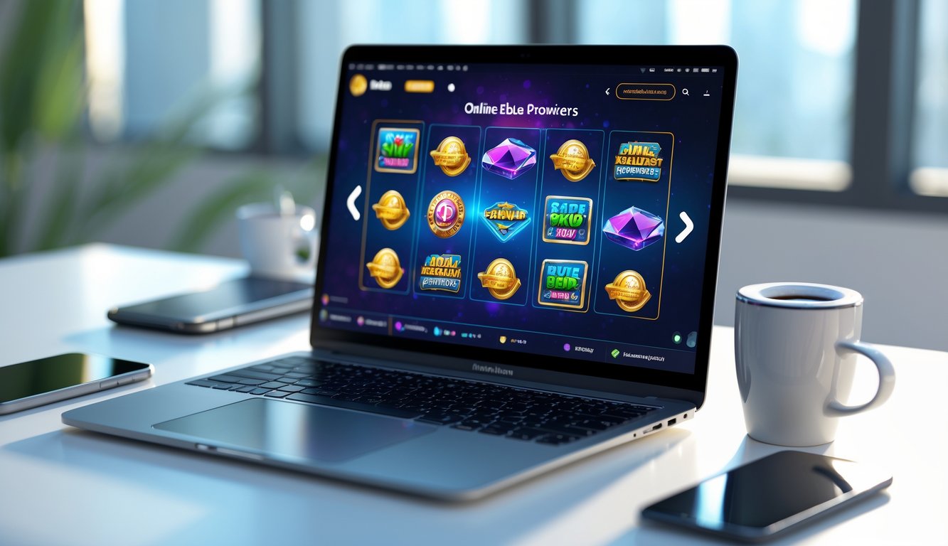 Meja kerja modern dengan laptop menampilkan antarmuka platform slot online, dikelilingi oleh aksesori kantor dan pencahayaan alami.