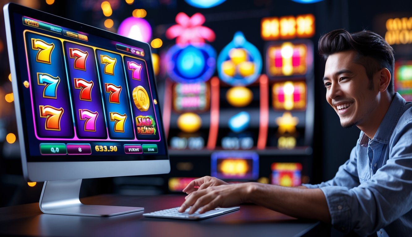 Seorang pemain muda yang senang menggunakan komputer dengan layar menampilkan permainan slot online berwarna-warni dan simbol bonus di latar belakang.