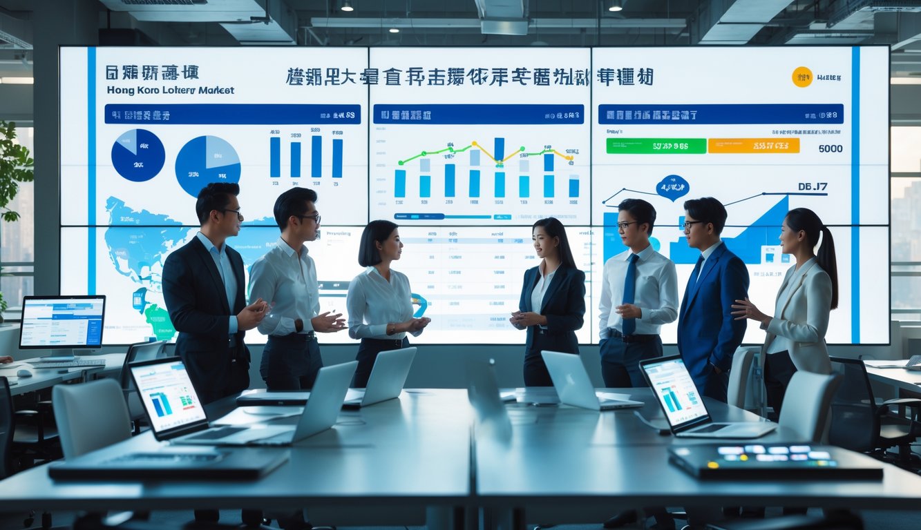 Sekelompok profesional sedang berdiskusi di kantor modern dengan layar digital menampilkan grafik dan data terkait pasar togel Hong Kong.