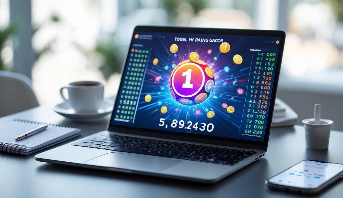 Meja kerja dengan laptop yang menampilkan antarmuka digital angka togel, di sampingnya terdapat cangkir kopi, buku catatan, dan ponsel.