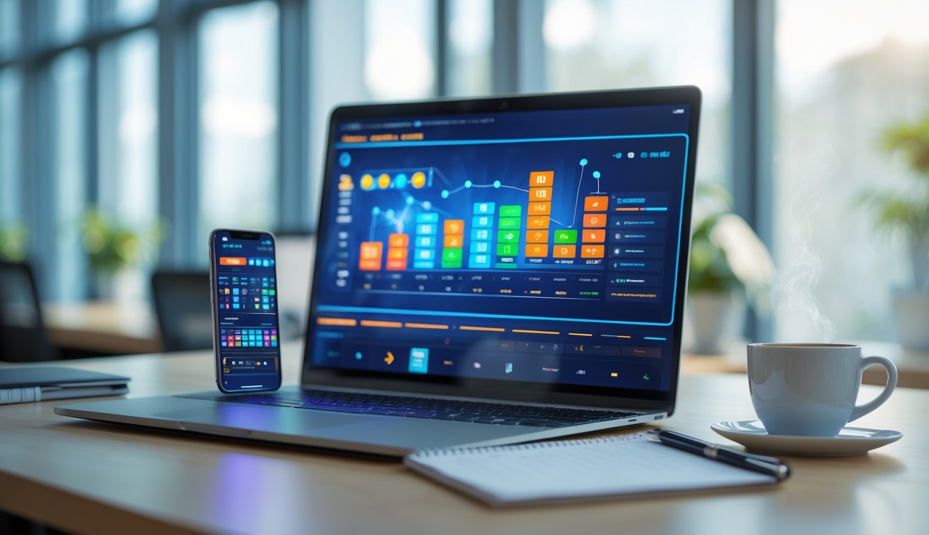 Meja kerja dengan laptop dan ponsel yang menampilkan antarmuka angka dan grafik, secangkir kopi, dan buku catatan di ruang kantor yang terang.