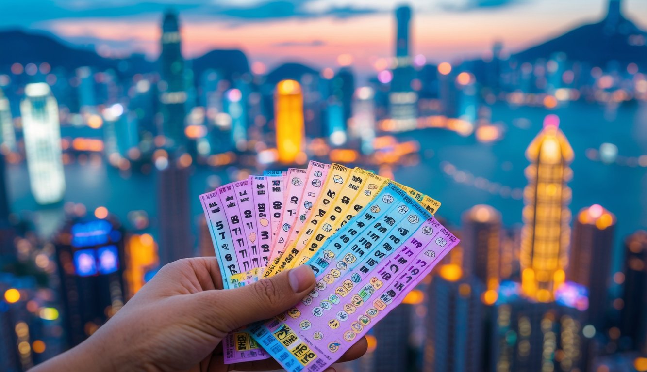 Tangan memegang beberapa tiket lotere berwarna dengan latar belakang pemandangan kota Hong Kong pada waktu senja.