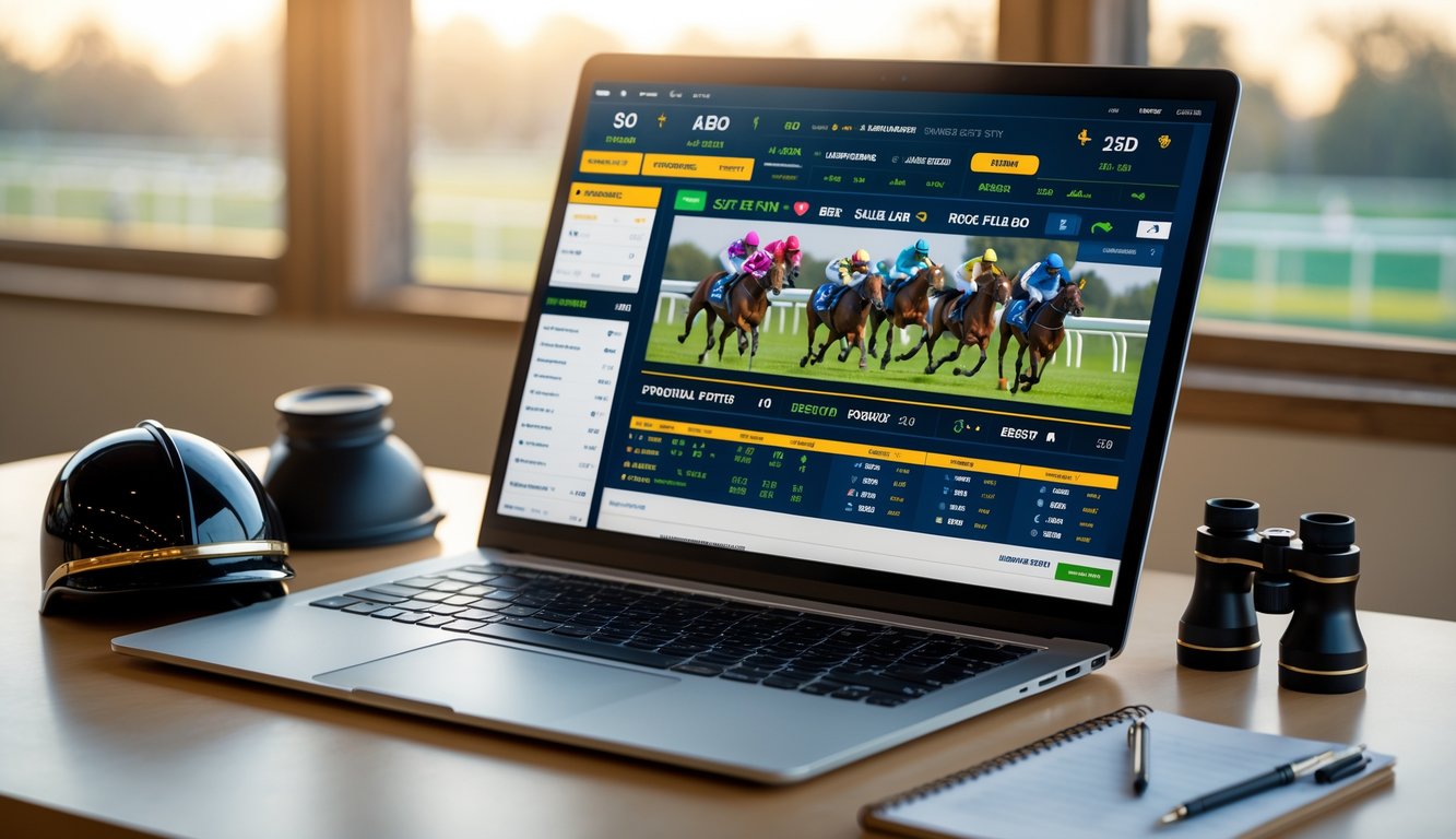Seseorang menggunakan komputer dengan tampilan balap kuda dan opsi taruhan di layar.