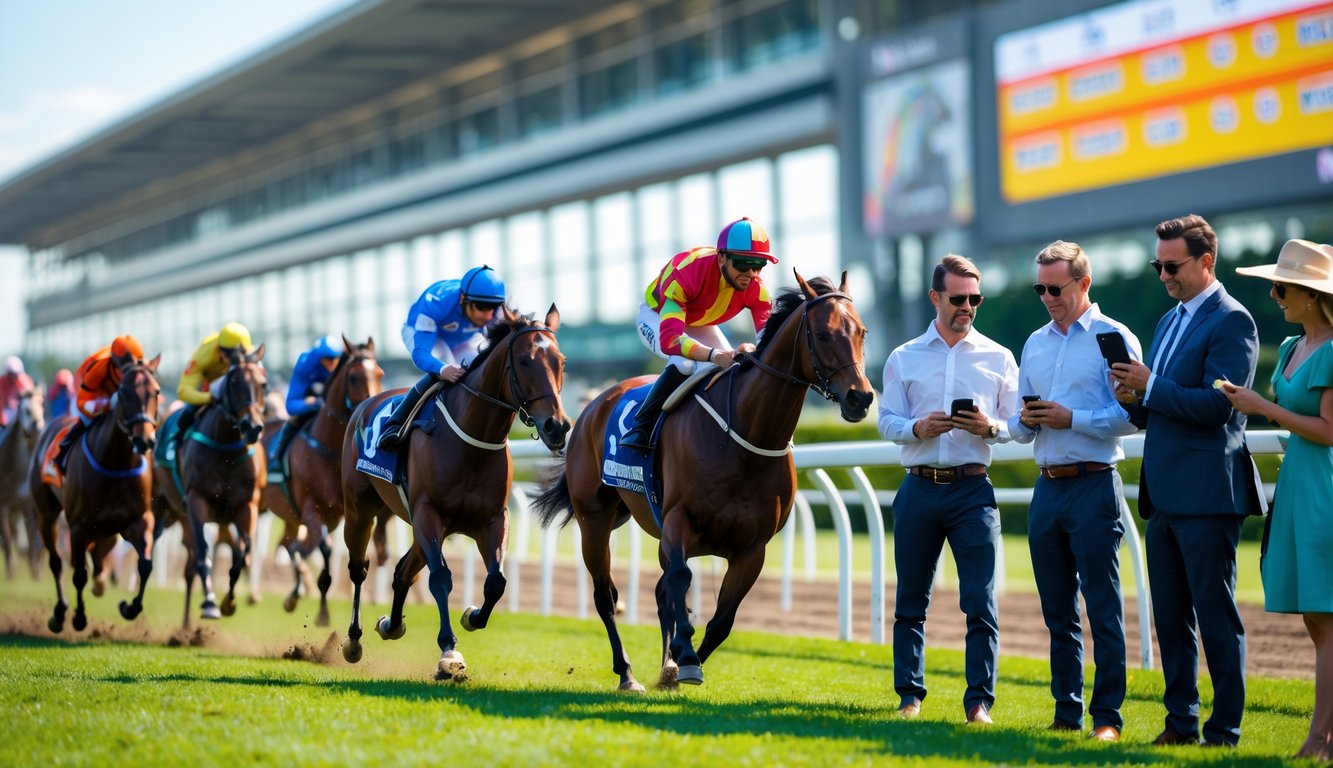 Orang-orang menonton balapan kuda di lintasan dengan kuda dan joki sedang berlari cepat.