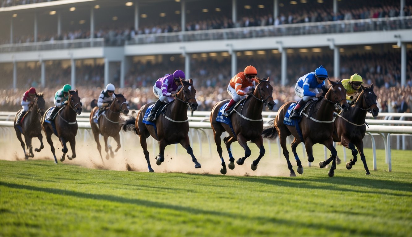 Beberapa kuda pacu dengan joki sedang berlari cepat di lintasan balap di depan penonton yang antusias.