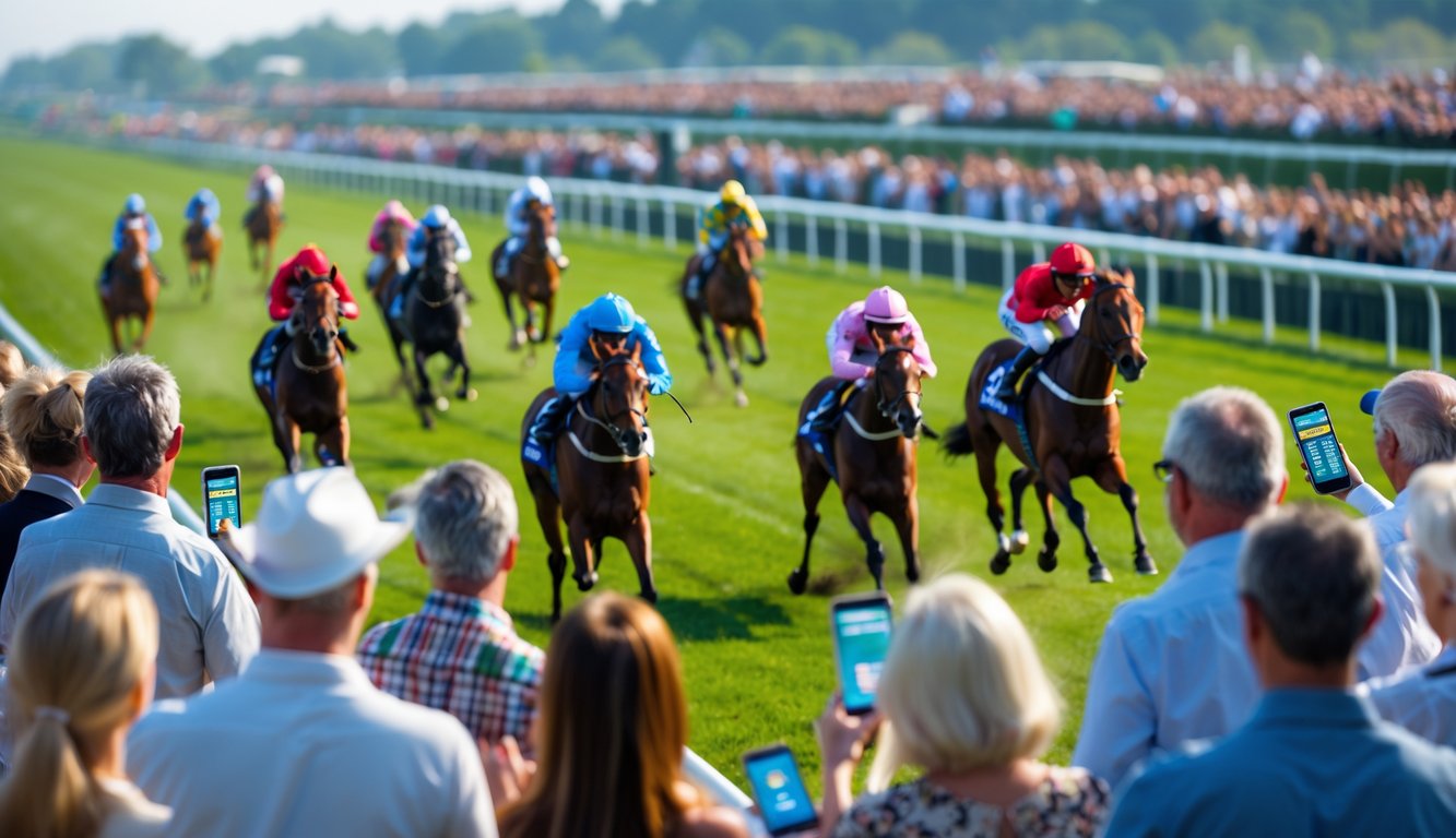 Beberapa kuda pacuan berlari cepat di lintasan dengan para penonton antusias menyaksikan dan memegang tiket taruhan.