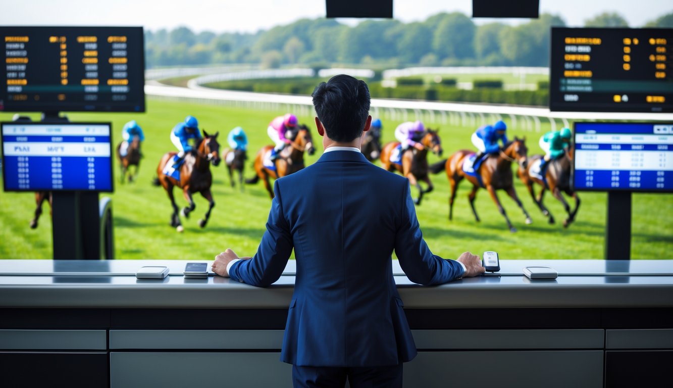Seorang pria berpakaian rapi berdiri di loket taruhan balap kuda dengan latar belakang balapan kuda yang sedang berlangsung di lintasan hijau.