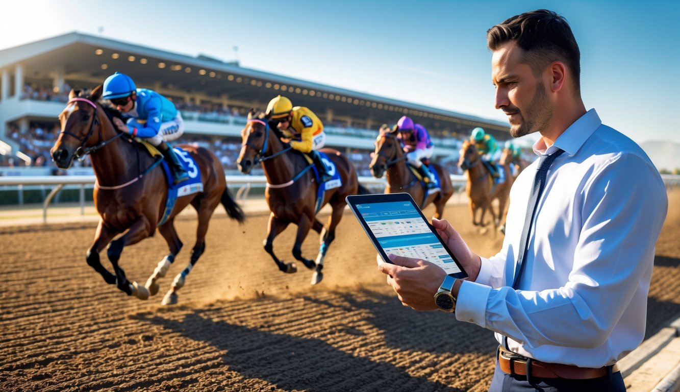 Seorang petaruh sedang melihat tablet sambil menonton balapan kuda di lintasan dengan kuda dan joki sedang berlomba.