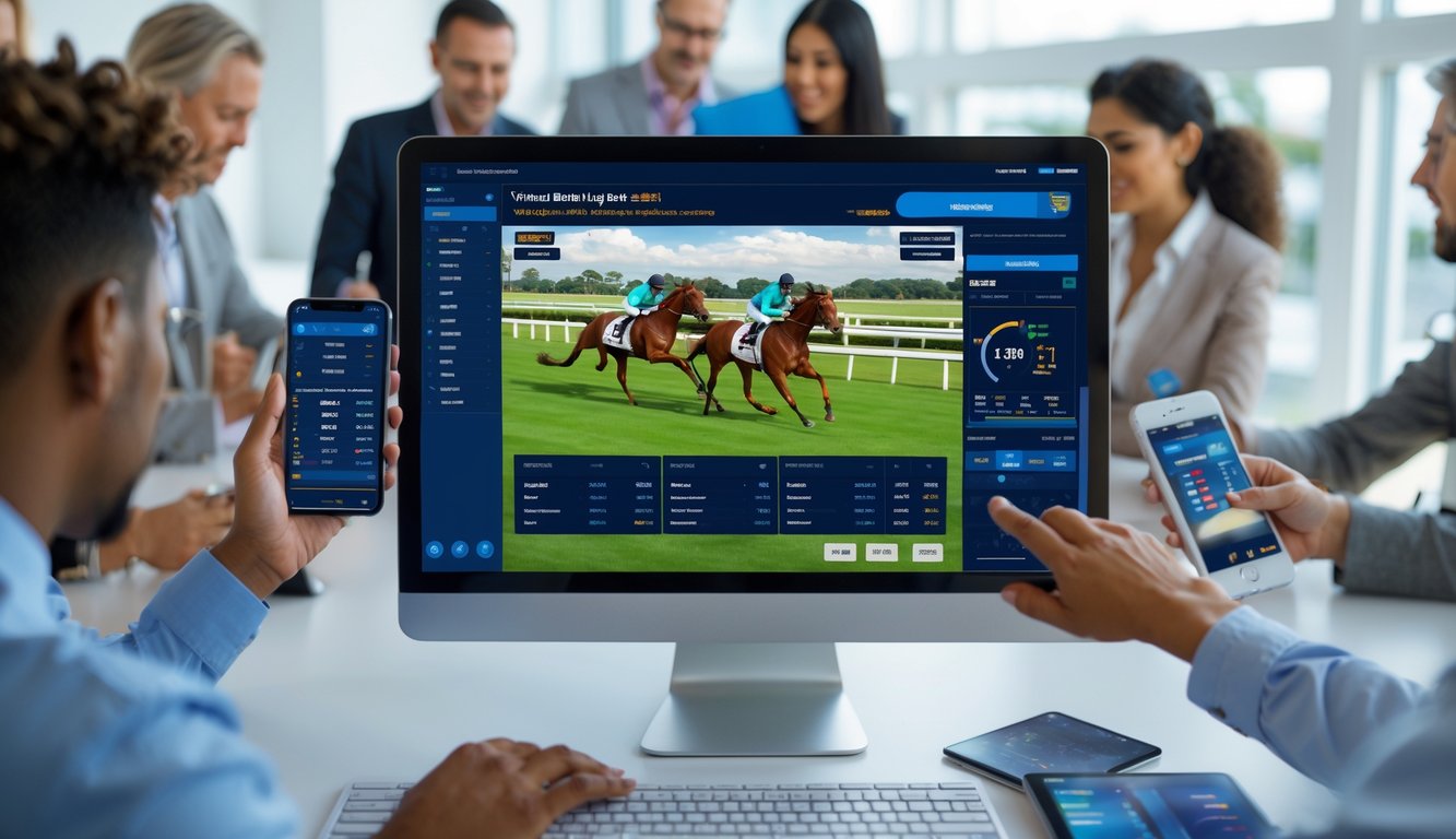 Orang-orang menggunakan perangkat digital untuk memasang taruhan pada balapan kuda virtual yang sedang berlangsung.