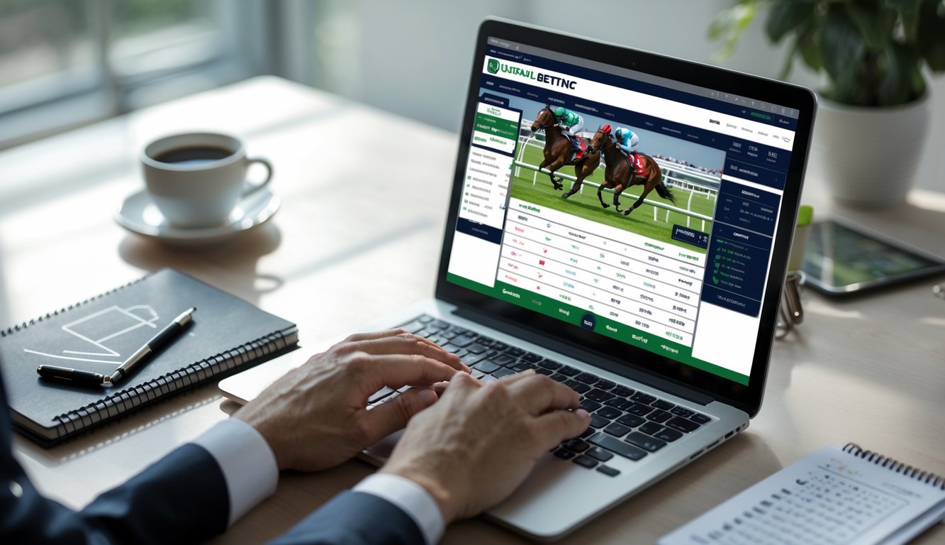Suasana meja kerja dengan laptop yang menampilkan situs judi balap kuda online, sebuah buku catatan dengan pena, kopi, dan ponsel yang menayangkan balapan kuda secara langsung.