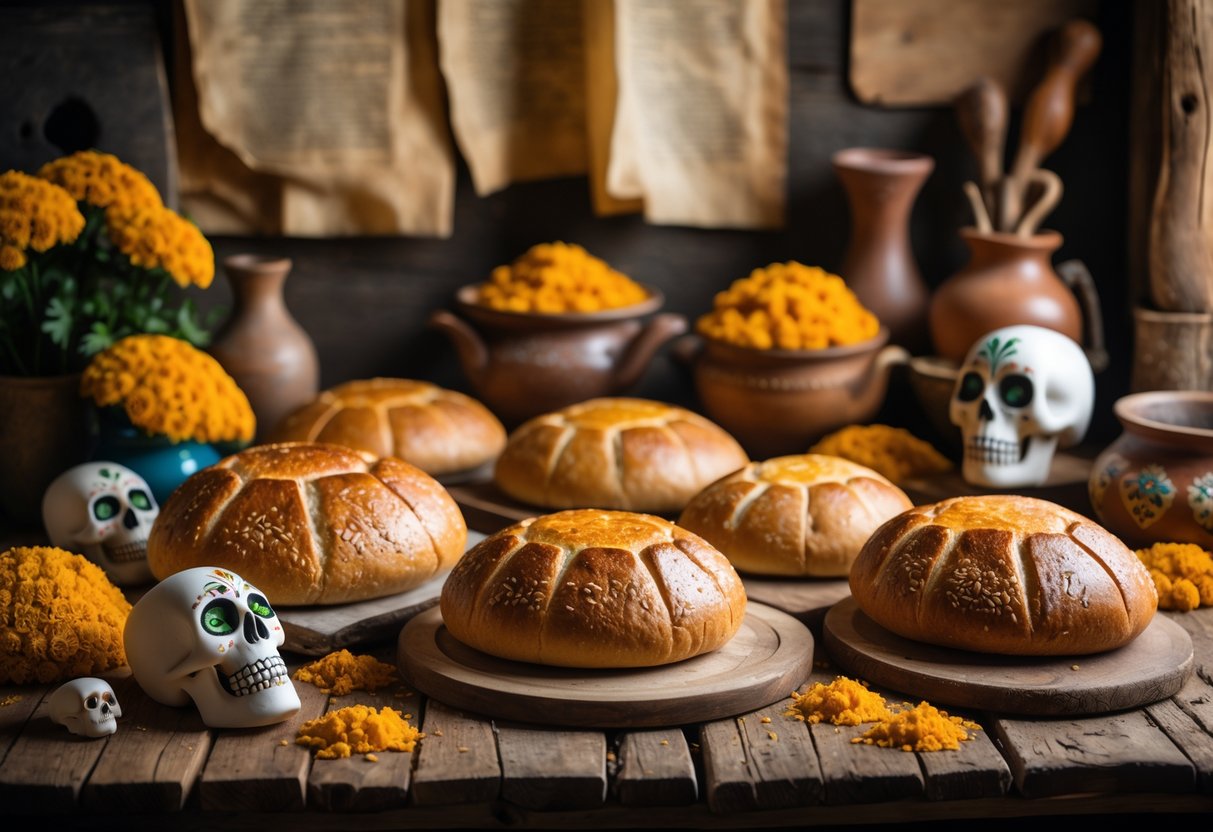 A wooden table with traditional Pan de &Aacute;nimas breads, marigold flowers, sugar skulls, and vintage cooking tools arranged to show cultural heritage.